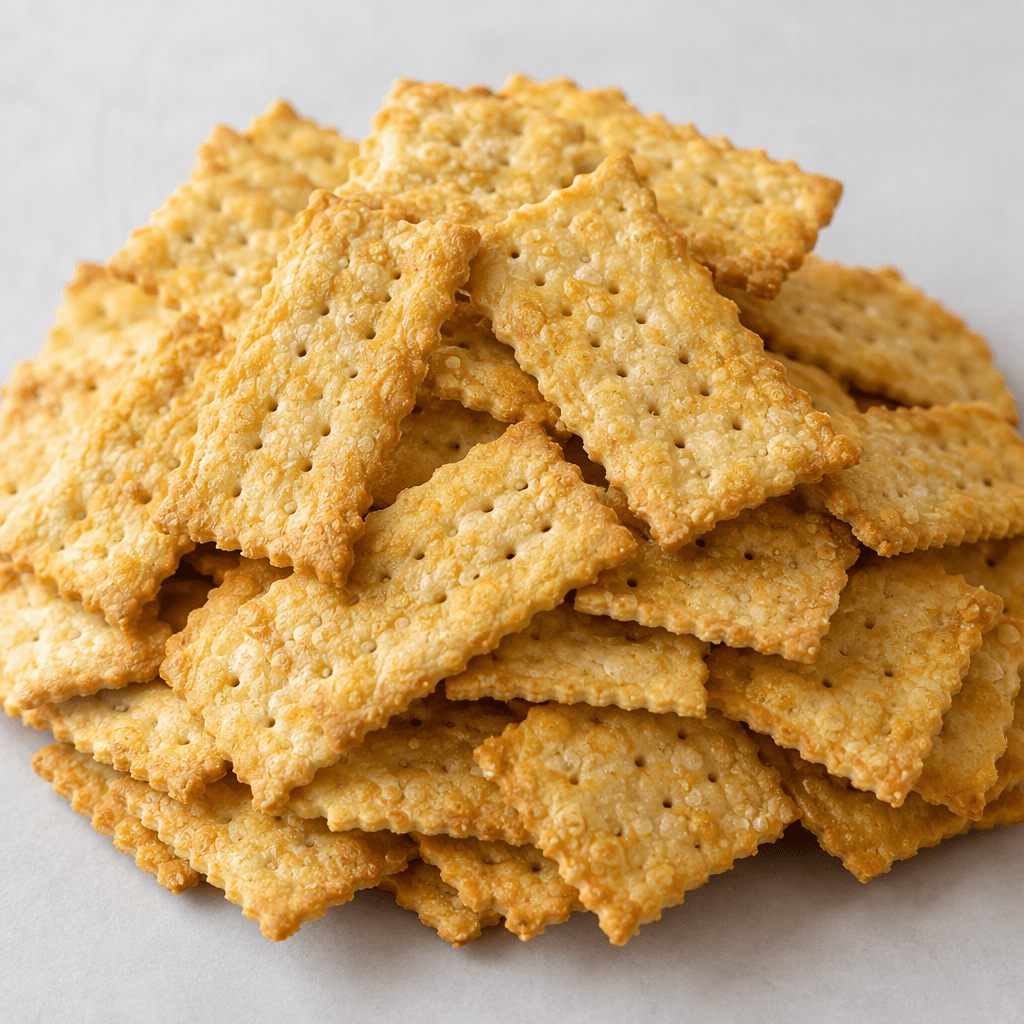 A pile of small, thin, golden-yellow rectangular crackers with scalloped edges, rows of tiny holes, and a lightly bubbled, crisp-looking surface.