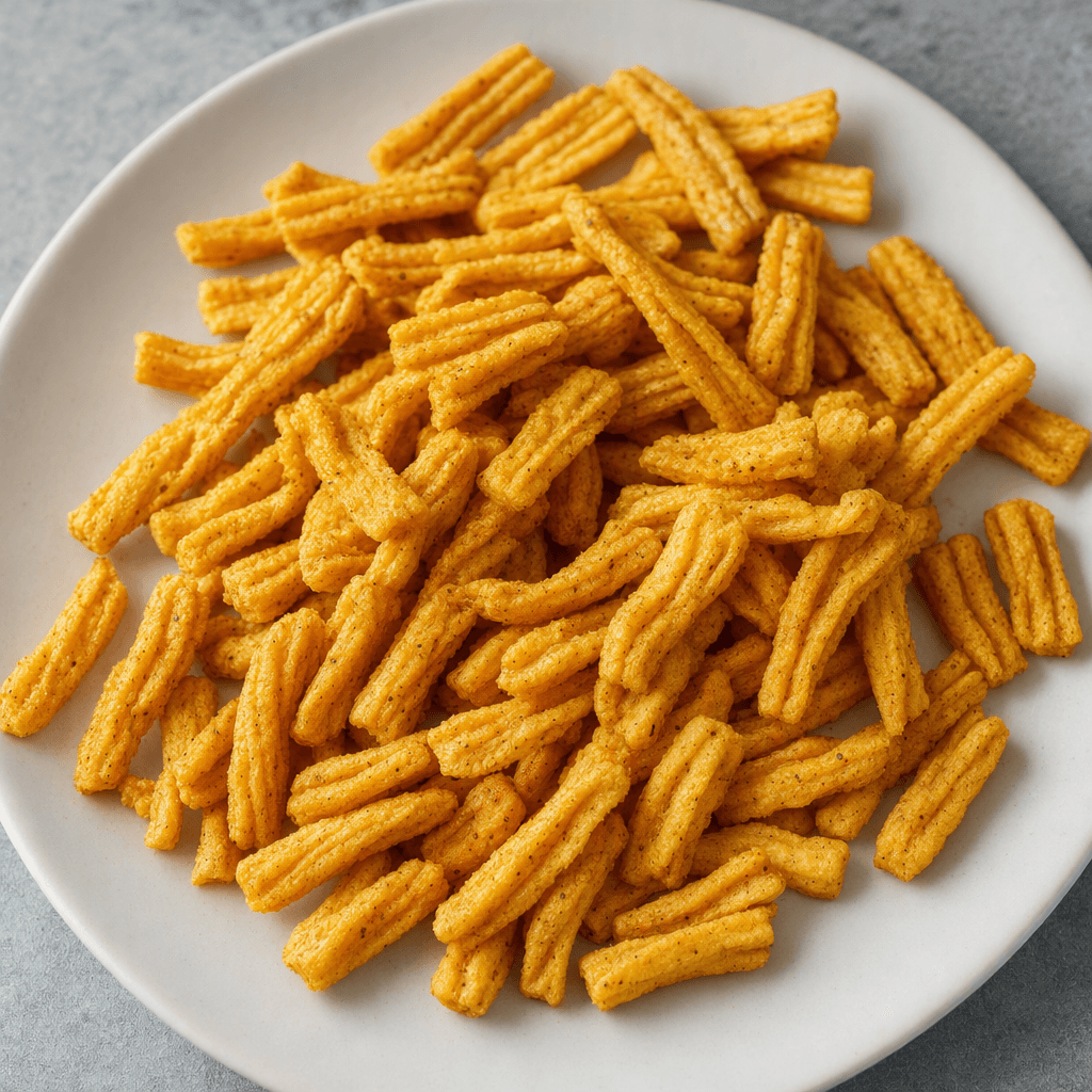 Small, slender golden-yellow crunchy snack pieces with ridged surfaces and slightly irregular shapes are scattered on a plain plate.