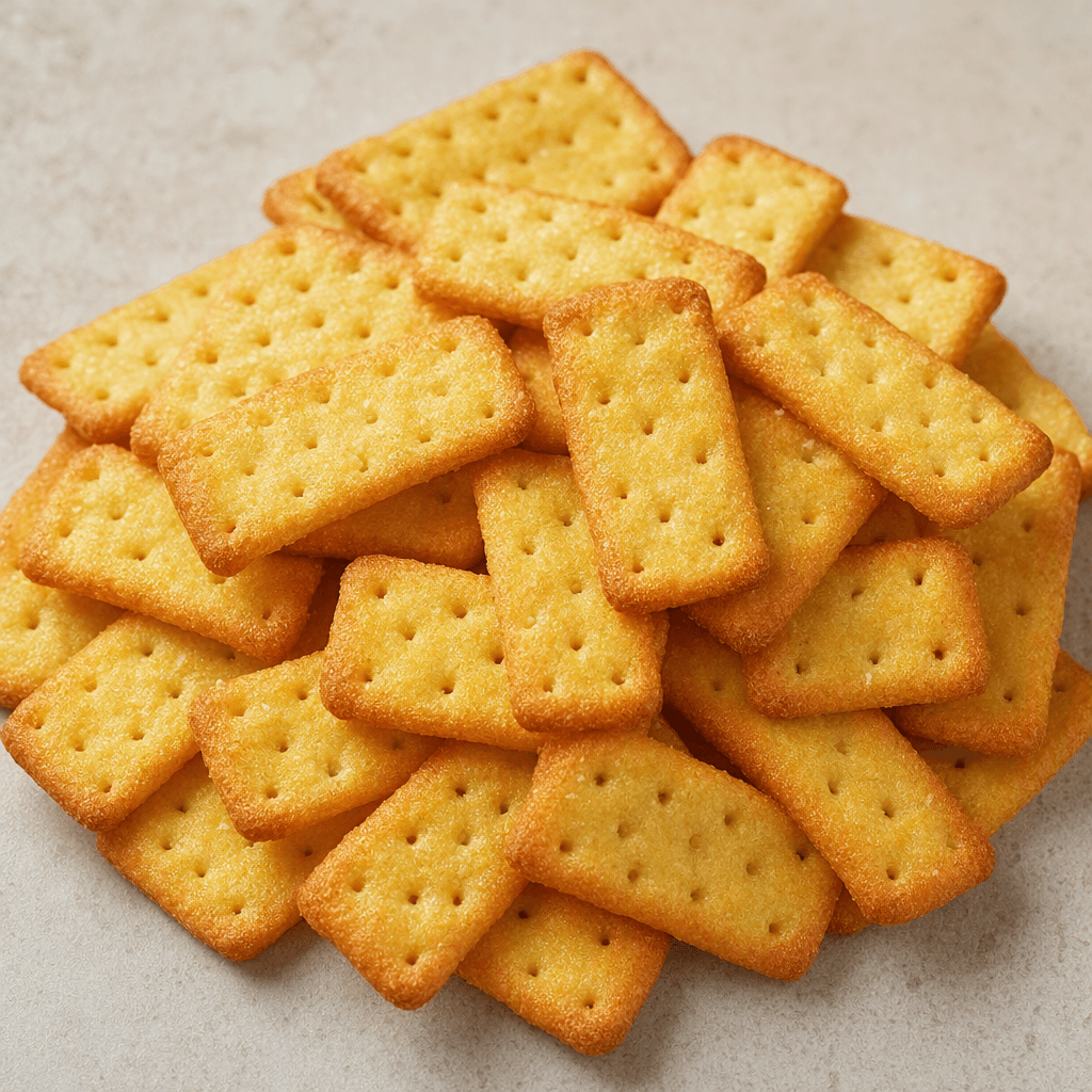 Thin, small rectangular crackers with rounded corners, a golden-yellow surface dotted with tiny holes and lightly browned edges, stacked in a loose pile.