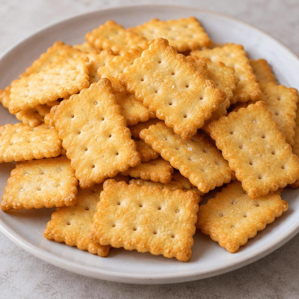 Small, thin, golden-yellow rectangular crackers with gently scalloped edges and tiny pinholes, piled loosely on a plate.