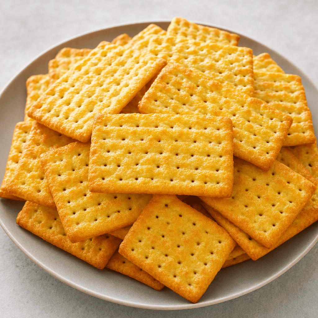 Thin, golden-yellow rectangular crackers with lightly blistered, ridged surfaces and small perforations are stacked loosely on a plate.