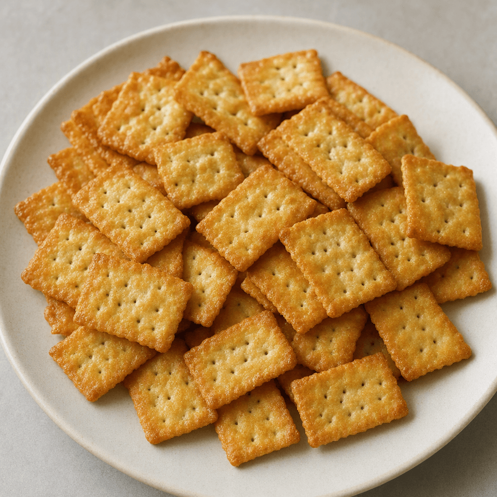 Small, thin, golden-brown rectangular crackers with tiny perforations and a lightly uneven, crisp-looking surface are scattered on a plain plate.