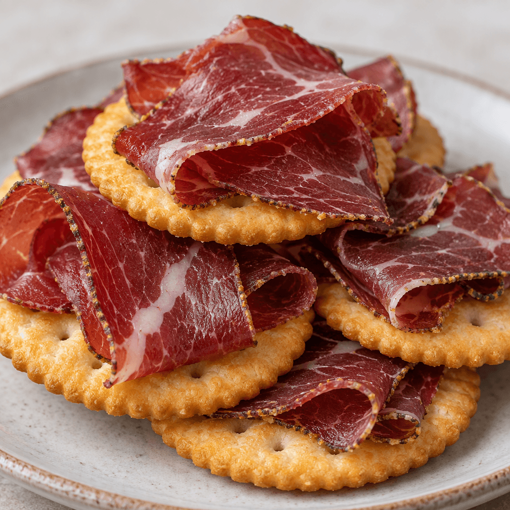 Golden, ridged crackers are arranged with thin deep-red pastırma slices, whose surfaces show delicate streaks of pale fat.