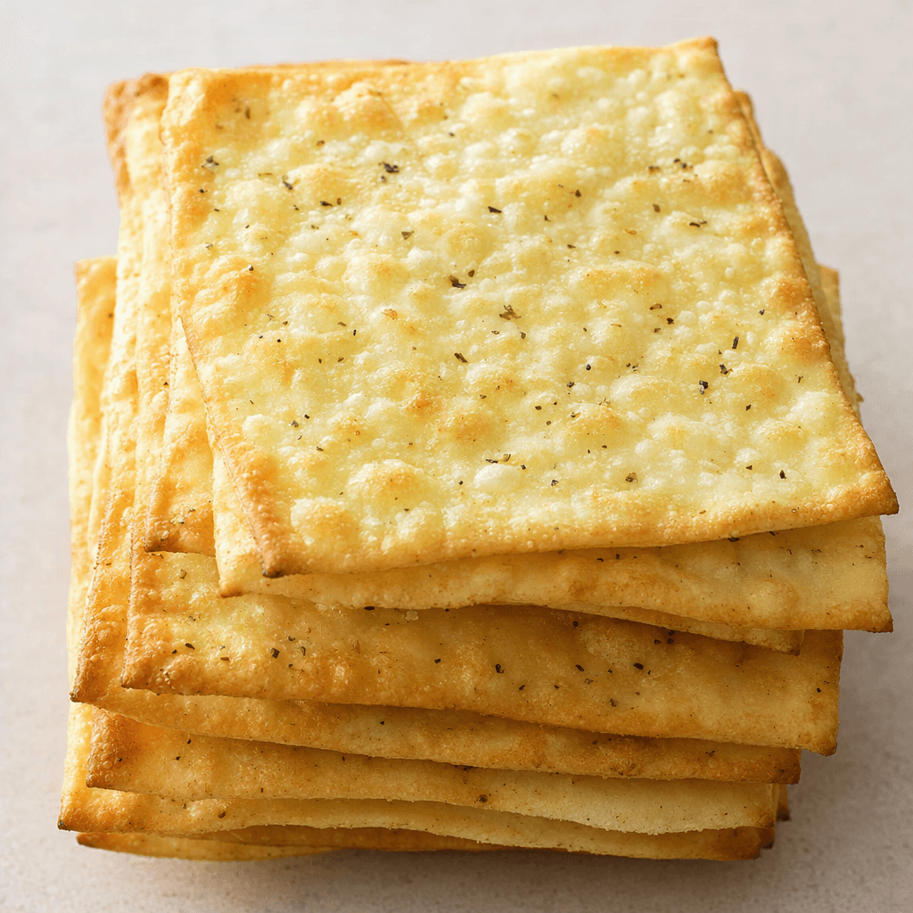 Thin, crisp, pale golden crackers with lightly browned edges, a fine bubbled surface and a few tiny seasoning flecks, arranged in a small stack.