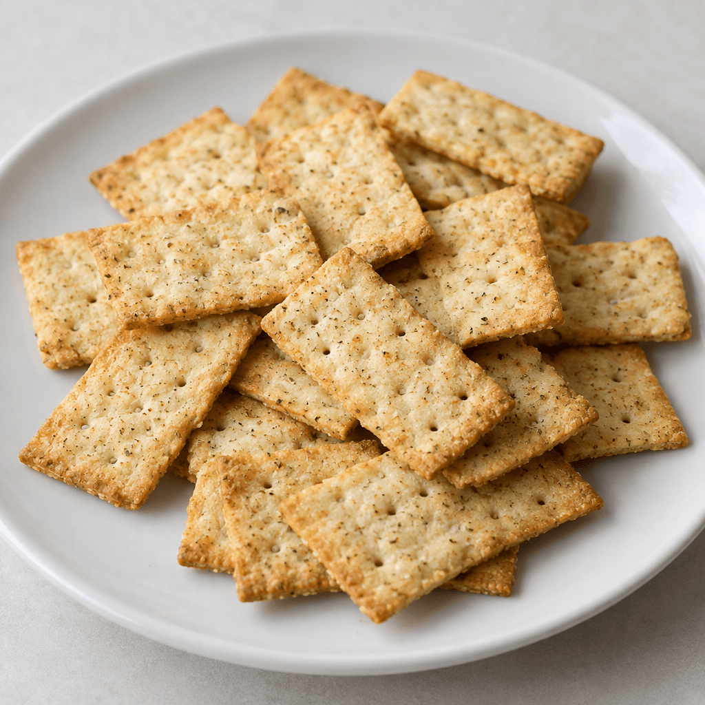 Small, thin, golden-beige rectangular crackers with lightly browned edges, tiny perforations and a fine dusting of seasoning, loosely scattered on a plain plate.