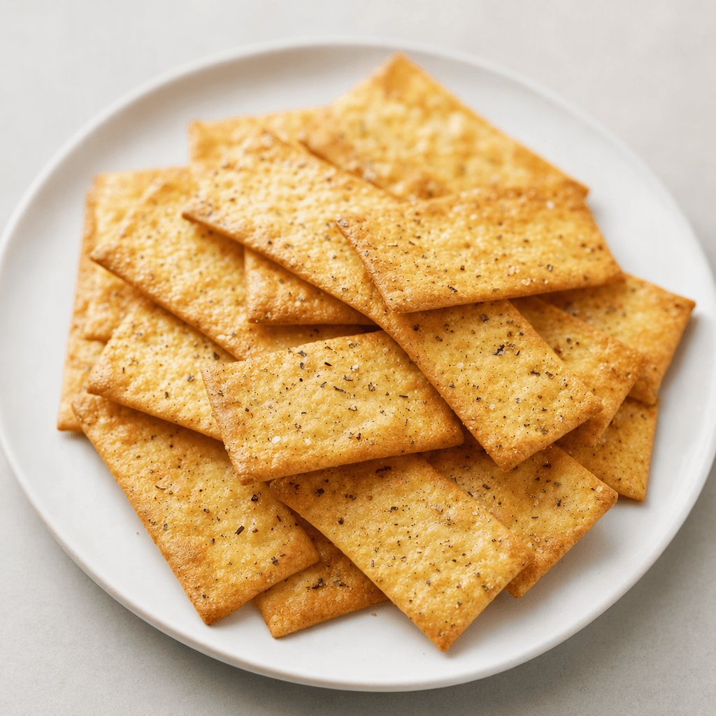 Thin, golden-brown rectangular crackers with lightly bubbled, crisp-looking surfaces and fine seasoning specks are scattered on a plain plate.