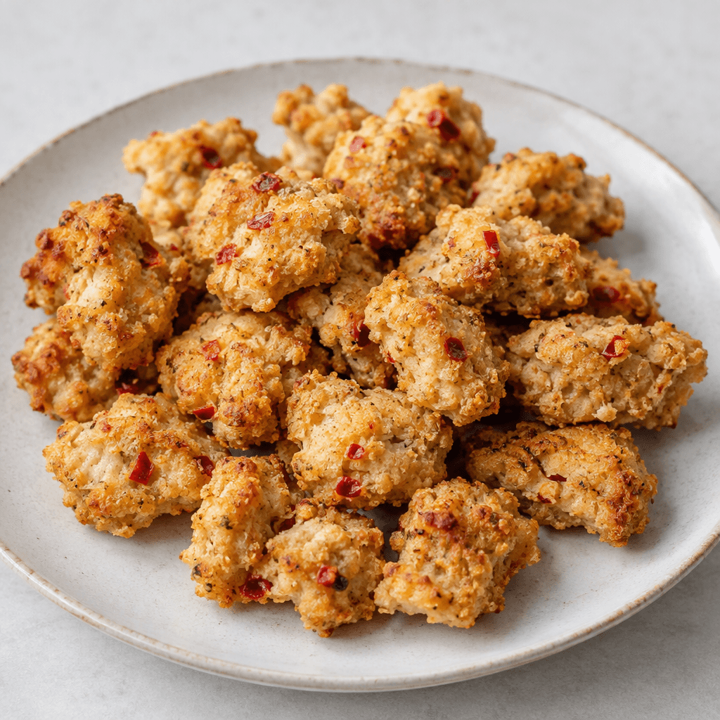 Small, irregular golden-beige crispy bites are scattered on a plate, with a rough, crumbly surface and visible reddish roasted-pepper flecks.