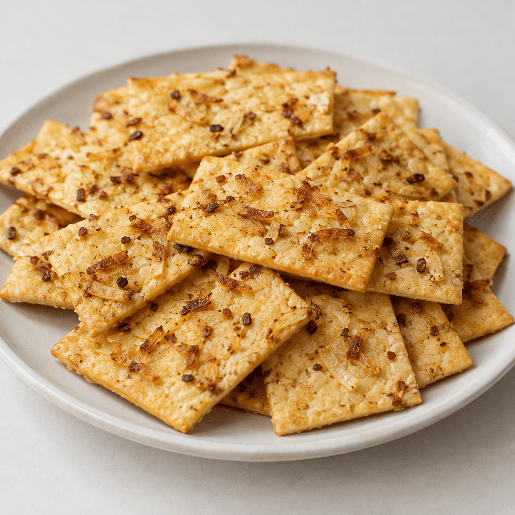 Small, thin, golden rectangular crackers are arranged on a plate, with a light cheese-colored coating and scattered crisp brown onion pieces.