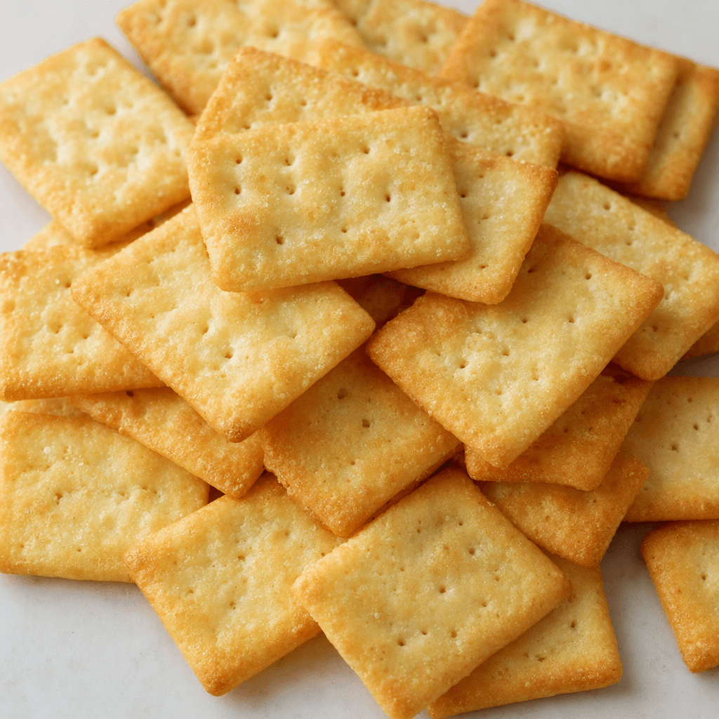 Small, thin, pale golden rectangular crackers with lightly browned edges and tiny perforations are scattered in a loose pile.