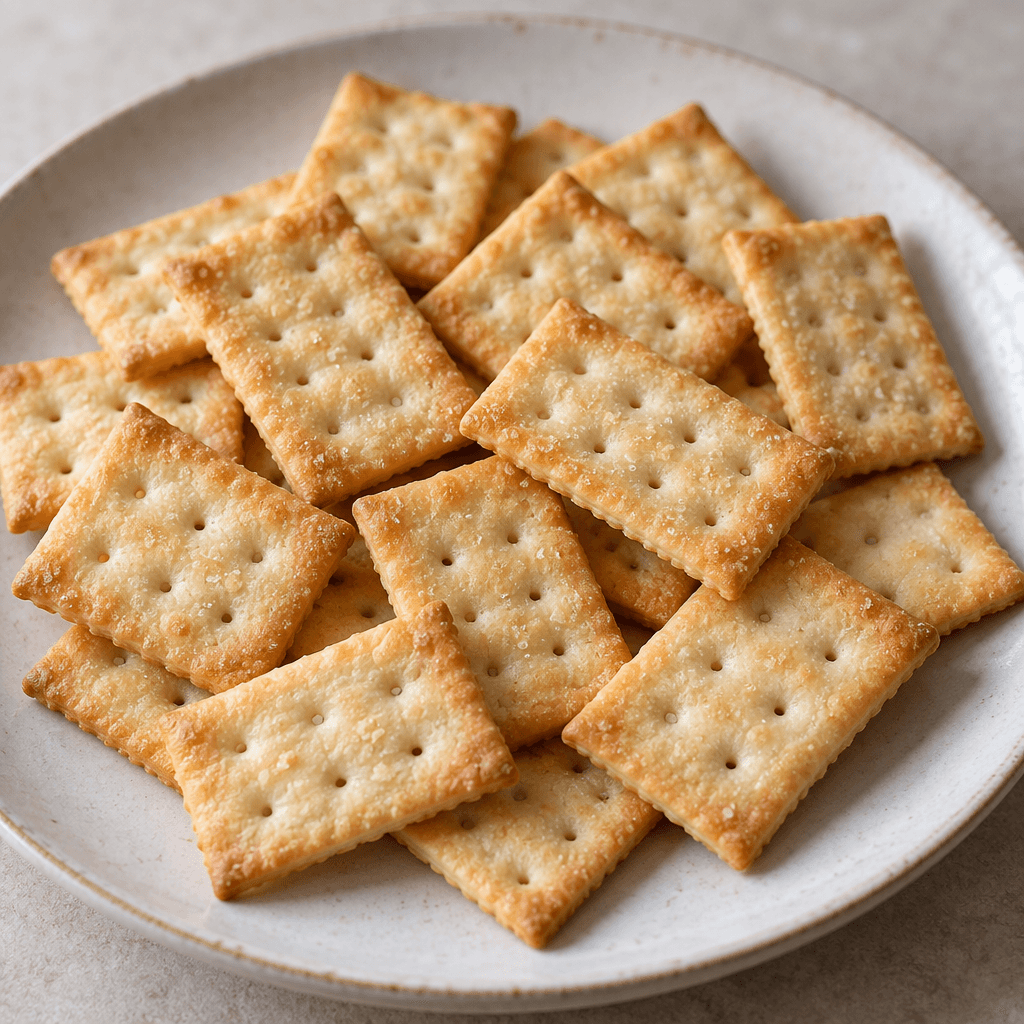 Small, thin, pale-golden rectangular crackers with lightly browned edges, a dry, crisp-looking surface and tiny perforations, loosely scattered on a plate.