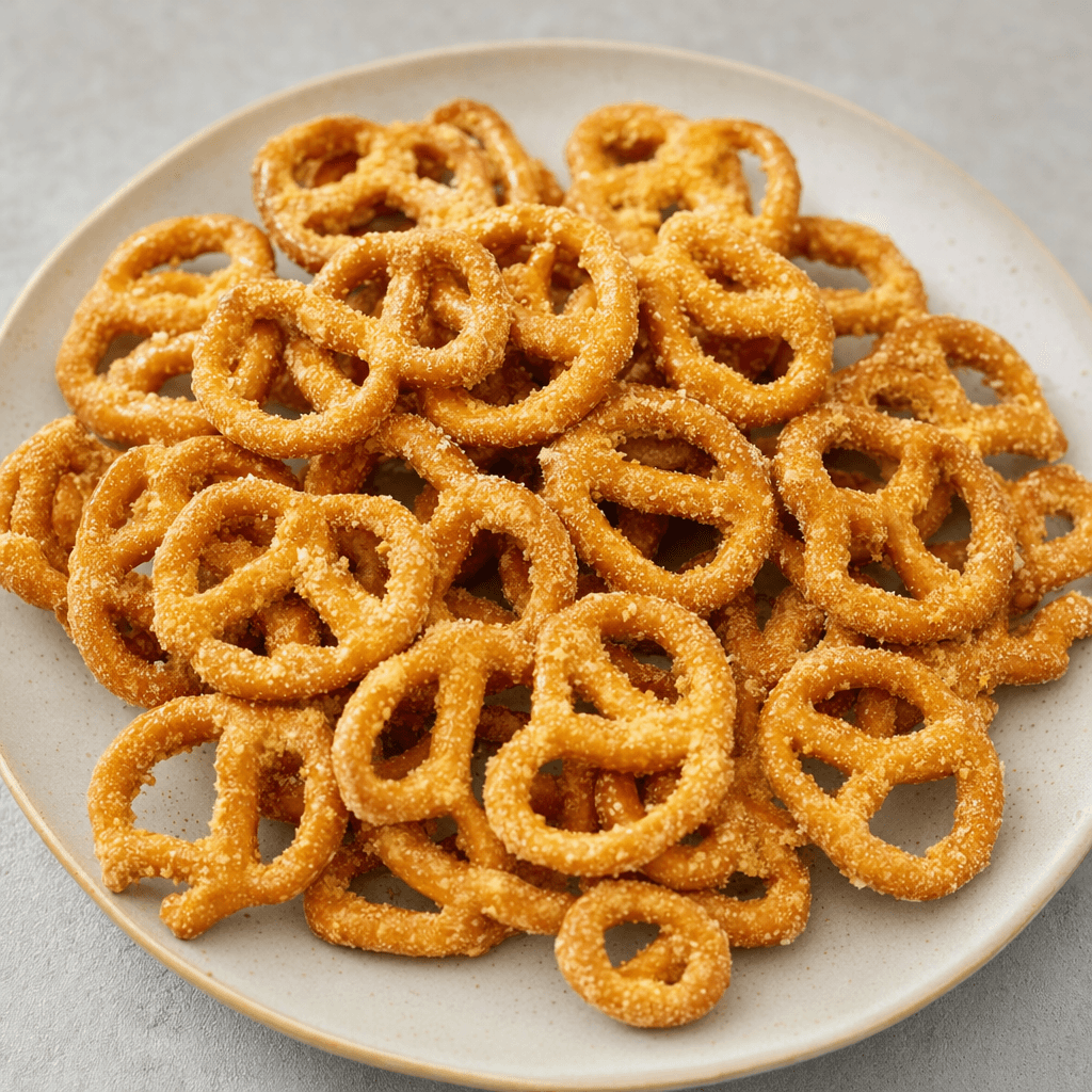 Small, knotted pretzels with ridged golden-brown surfaces are loosely piled on a plain plate, their twists dusted with an uneven pale-yellow cheese coating.