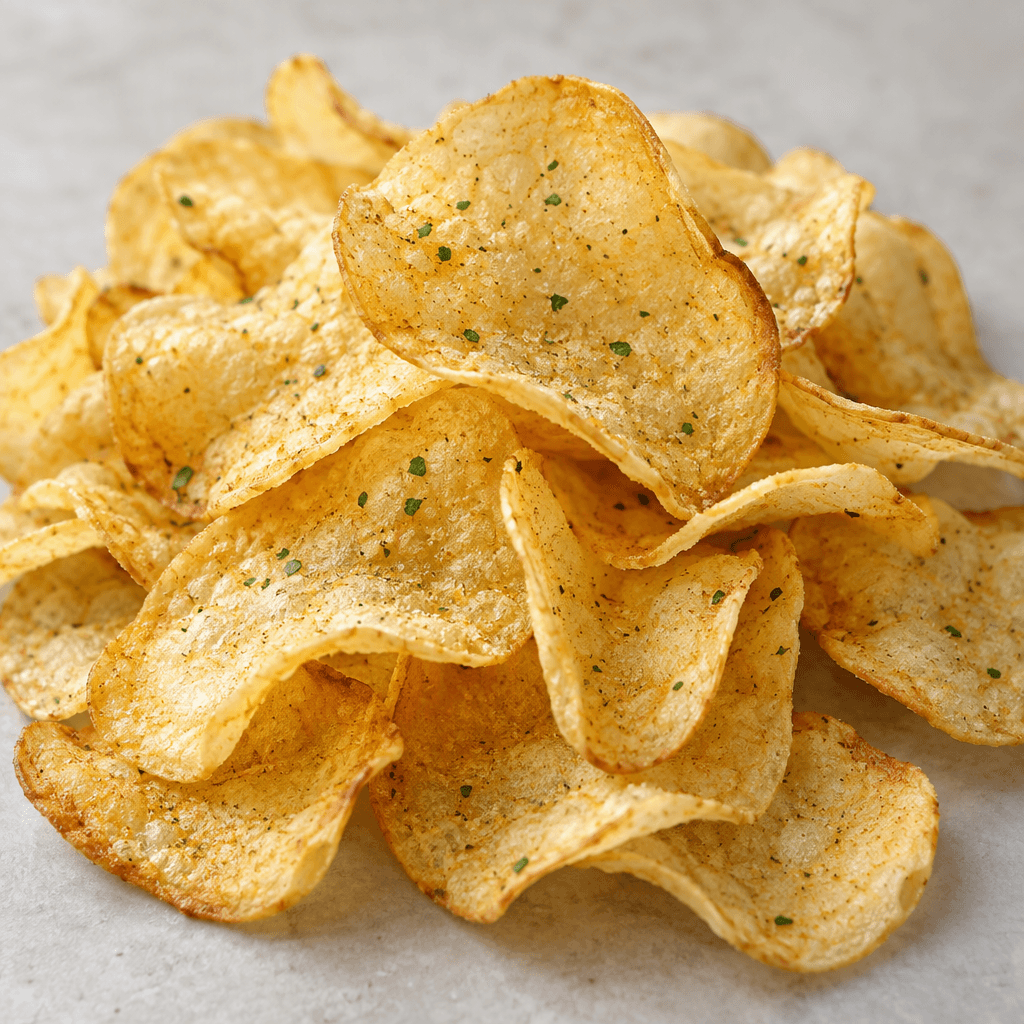 Thin, irregularly curved golden potato crisps are scattered in a small pile, their surfaces lightly coated with pale yellow seasoning and dotted with tiny green herb flecks.