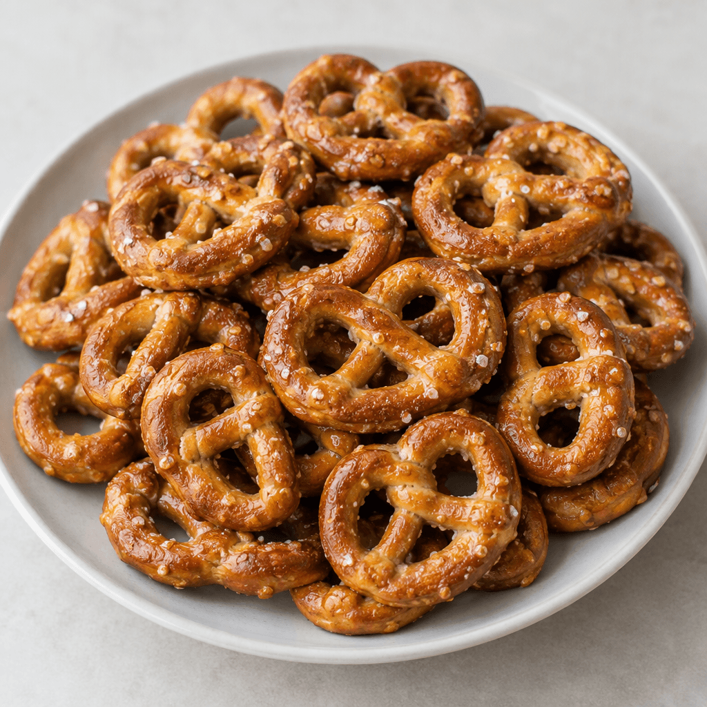 Small, crisp, golden-brown pretzels are twisted into compact knots with open loops, their lightly glossy surfaces dotted with coarse salt crystals and piled together on a plate.