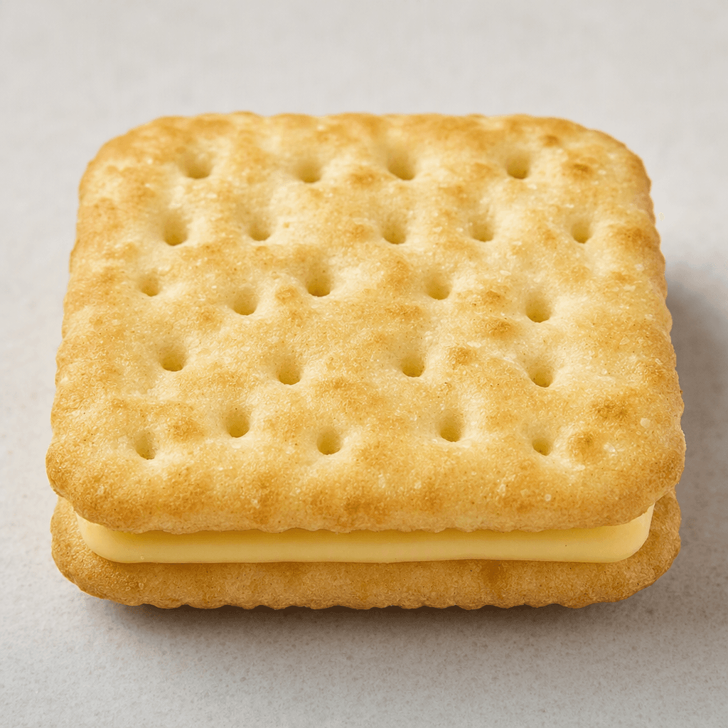 Two small, pale-golden rectangular crackers with rounded corners and evenly spaced pinholes sandwich a thin layer of smooth, light-yellow filling, with the edges visible between the crisp, lightly bubbled surfaces.