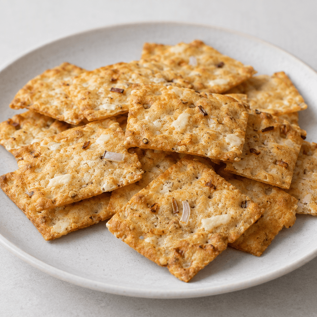Small, thin, golden-brown crackers with lightly blistered, crisp surfaces and scattered onion and pale cheese flecks, loosely arranged on a plate.