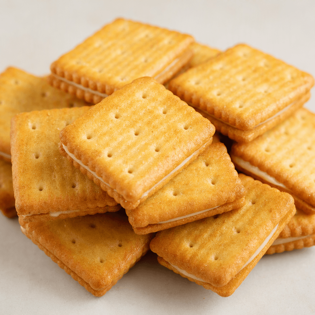 Small, square golden-brown crackers with pinholes and a lightly ridged surface are stacked in pairs around a thin layer of pale cream filling, with the edges visible between the crackers.