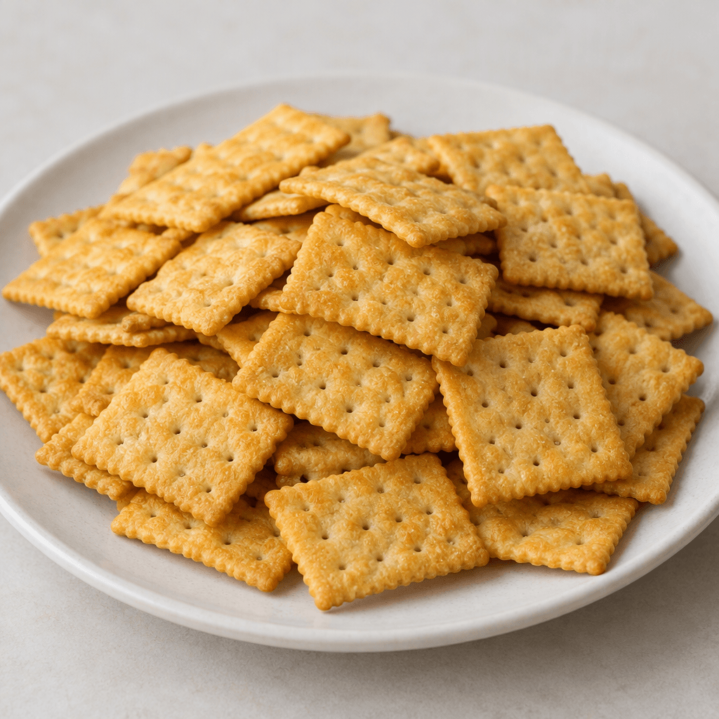 Small, thin, golden-yellow rectangular crackers with evenly spaced pinholes and lightly ridged edges are piled loosely on a plate.