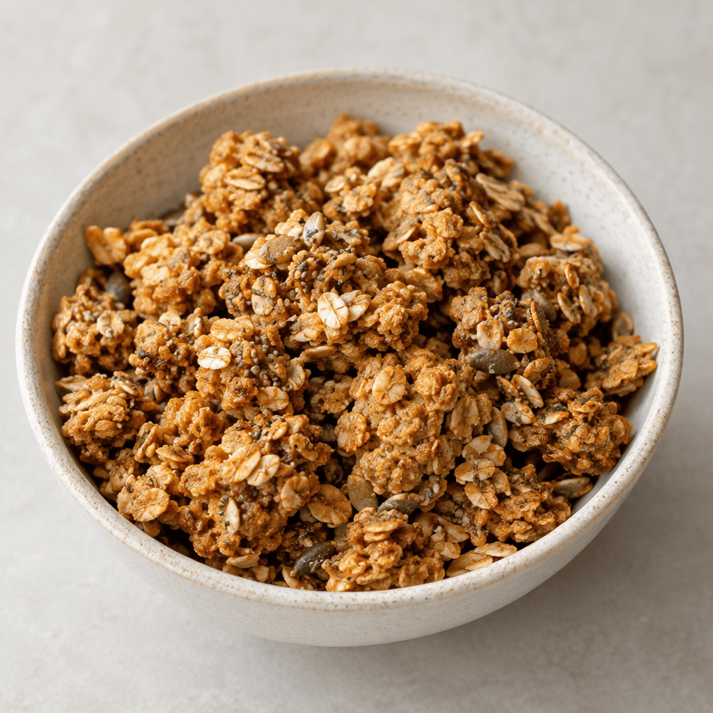 Sığ bir kâseye dağılmış, yulaf ezmesi ve küçük tohumların seçildiği düzensiz, altın kahverengi granola parçaları.