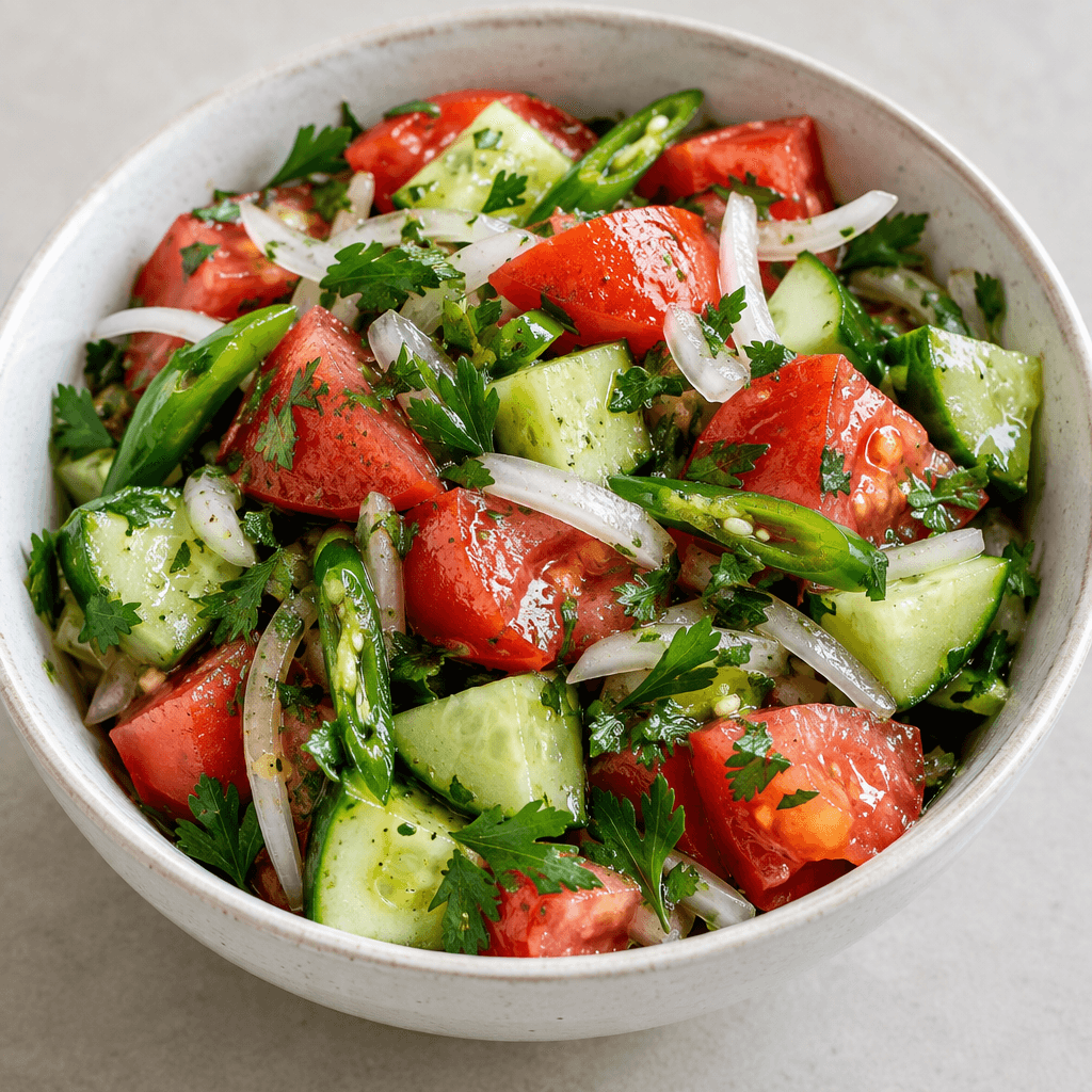 A bowl of roughly chopped red tomatoes, pale-green cucumber, slender green peppers, white onion and fresh parsley, lightly glistening with olive oil and scattered with small green herb leaves.