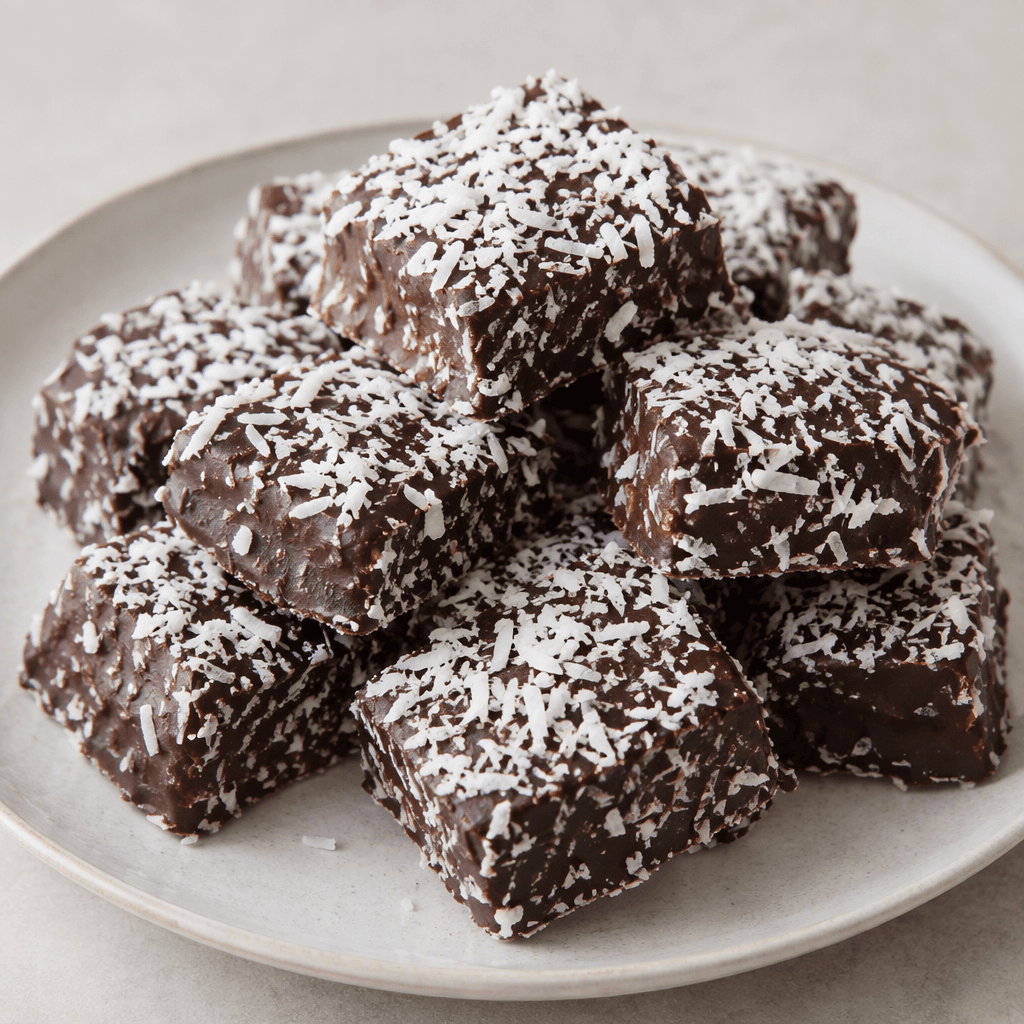 Dark brown chocolate pieces are topped with fine white coconut flakes and arranged on a plate.
