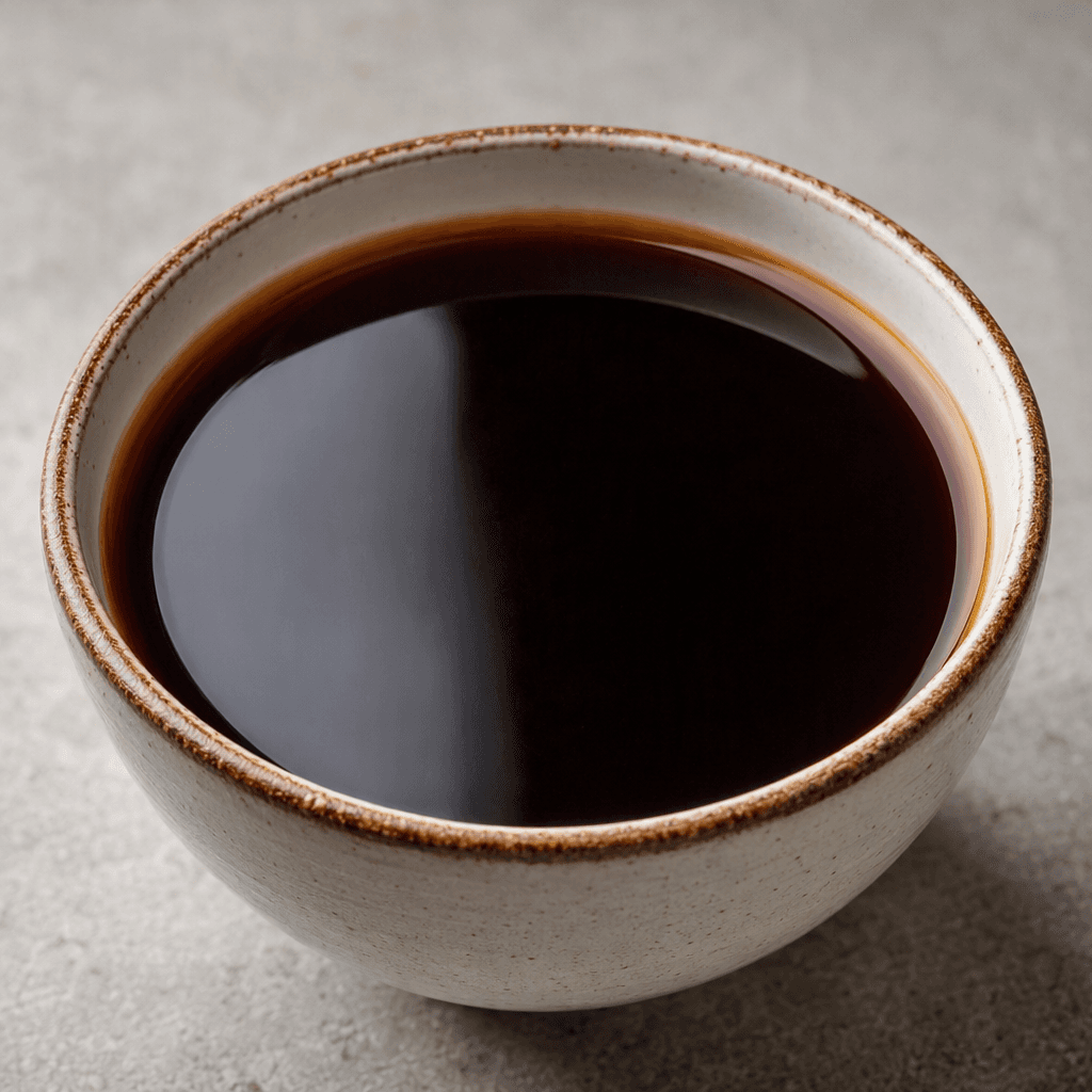 A cup or mug filled with dark brown, nearly black coffee, its smooth surface showing a soft reflective sheen.