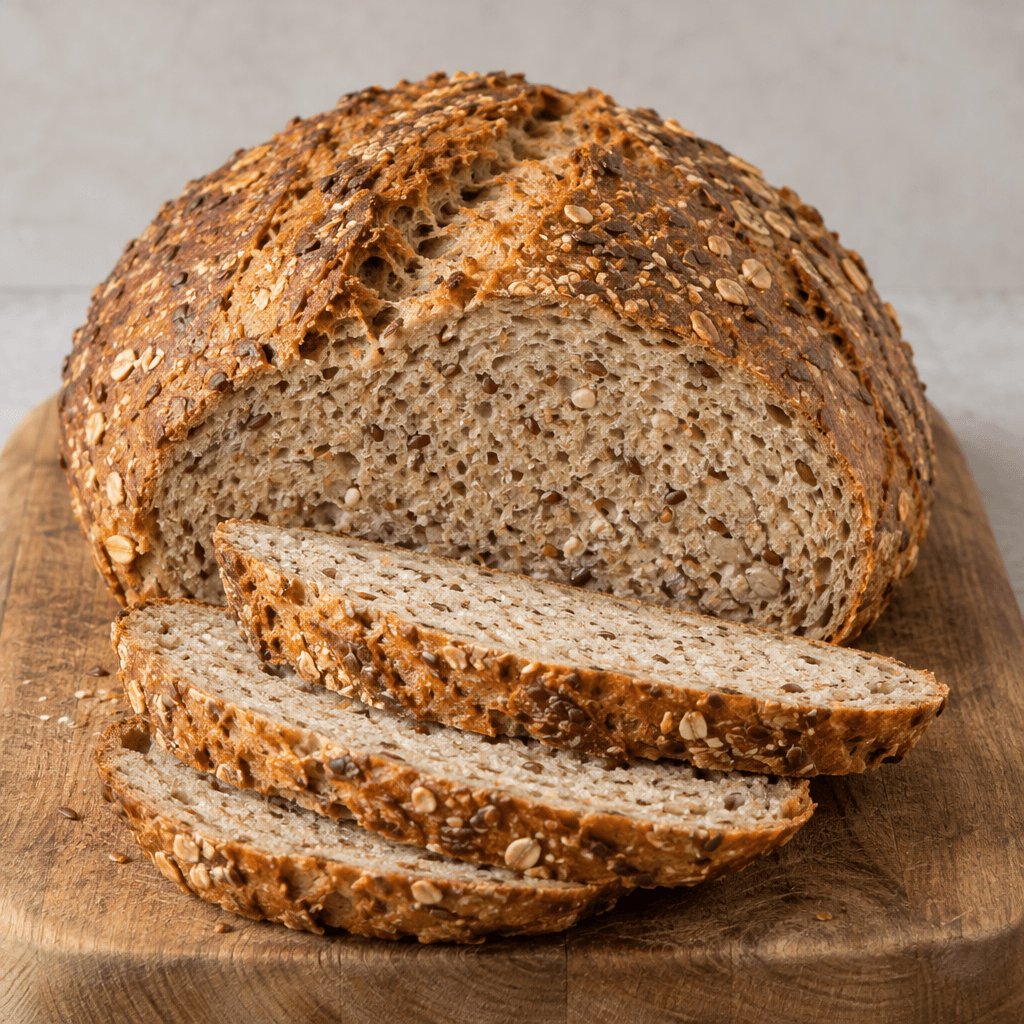A rustic, oval multigrain loaf with a deep golden-brown, lightly cracked crust, a compact warm-cream crumb, and visible whole grains and seeds scattered throughout, resting on a wooden board with several slices cut to show the interior.
