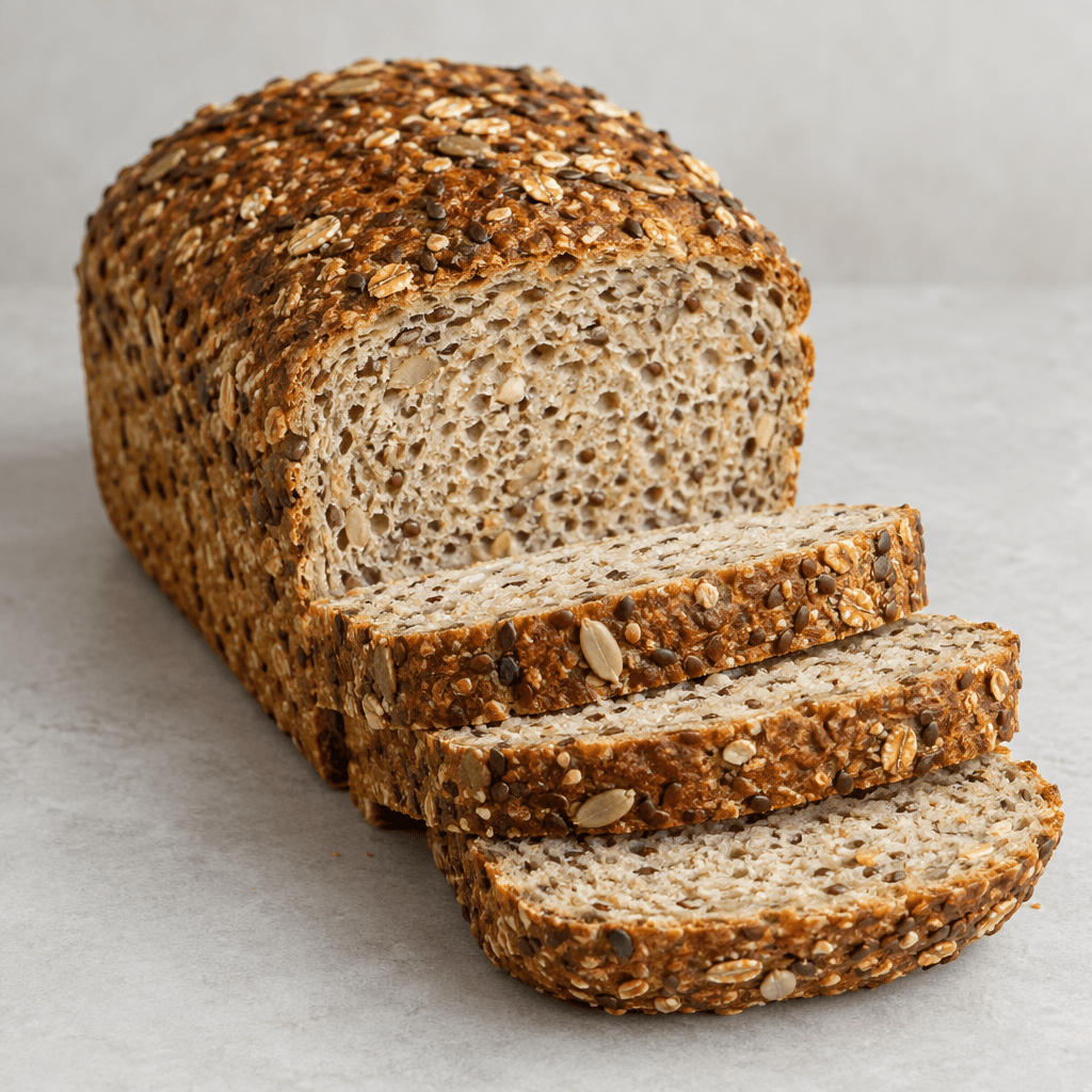 A rectangular loaf of multigrain bread sits on a flat surface, with a dark golden-brown crust, a dense beige crumb speckled with visible grains and seeds, and several thick slices cut from one end.