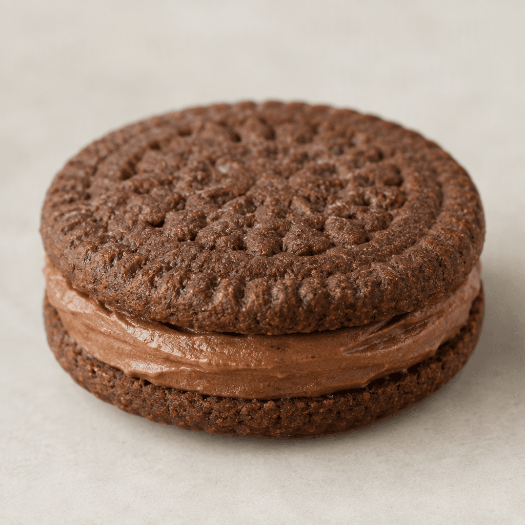 A round sandwich biscuit with two dark cocoa-brown, lightly patterned biscuits and a thick layer of chocolate-brown cream visible between them.