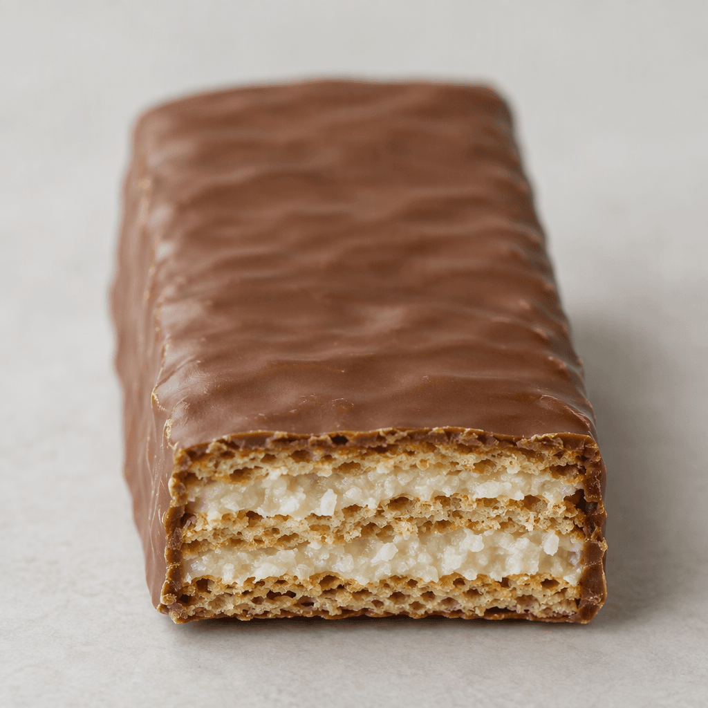 A rectangular wafer bar covered in smooth milk chocolate, with thin crisp wafer layers and a pale coconut filling visible at the cut end, resting on a plain surface.