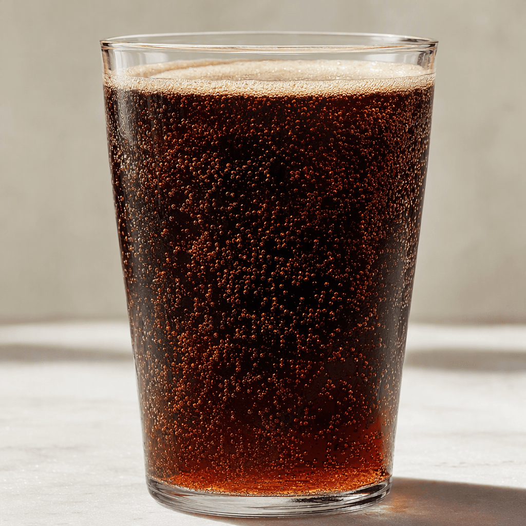 A clear glass holds a dark brown, translucent carbonated drink with fine bubbles rising through the liquid and a thin layer of pale tan foam at the surface.