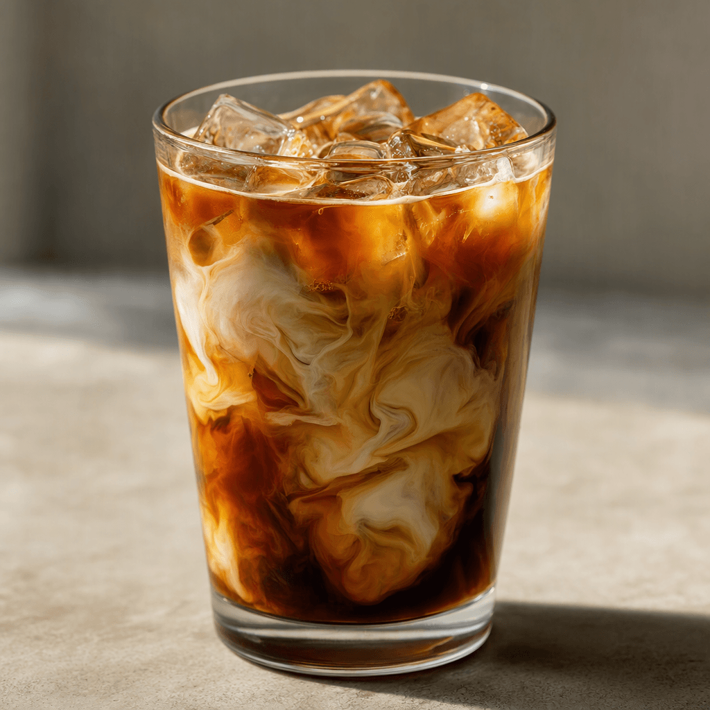A transparent glass filled with dark brown coffee and ice cubes, with a small amount of pale milk curling through the drink in soft, cloudy streaks.