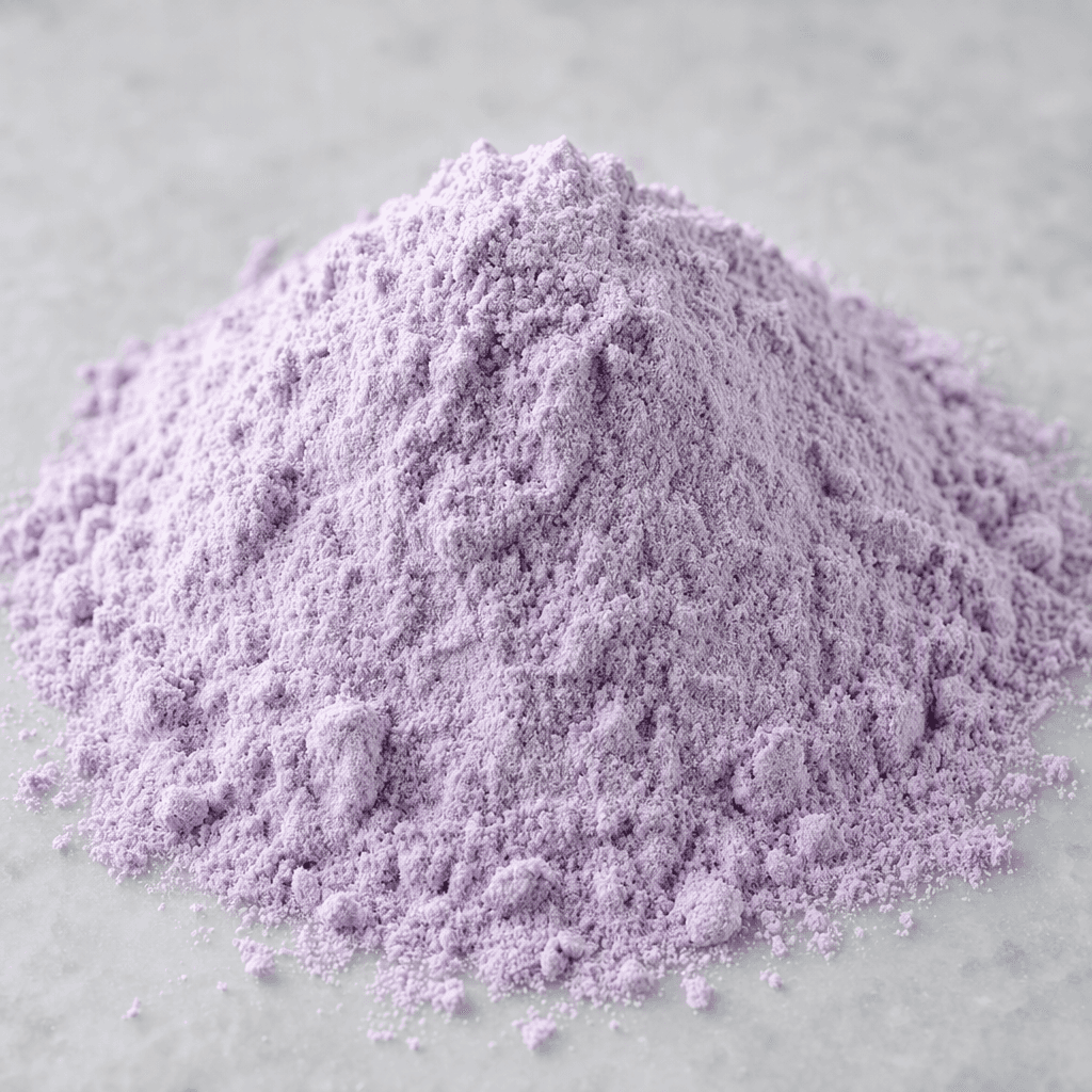 A small mound of fine, pale lilac powder with a soft, dry texture, shown by itself.