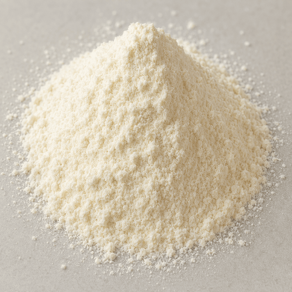A fine, smooth, pale ivory-white powder forms a small loose mound, with a few delicate grains scattered around it.