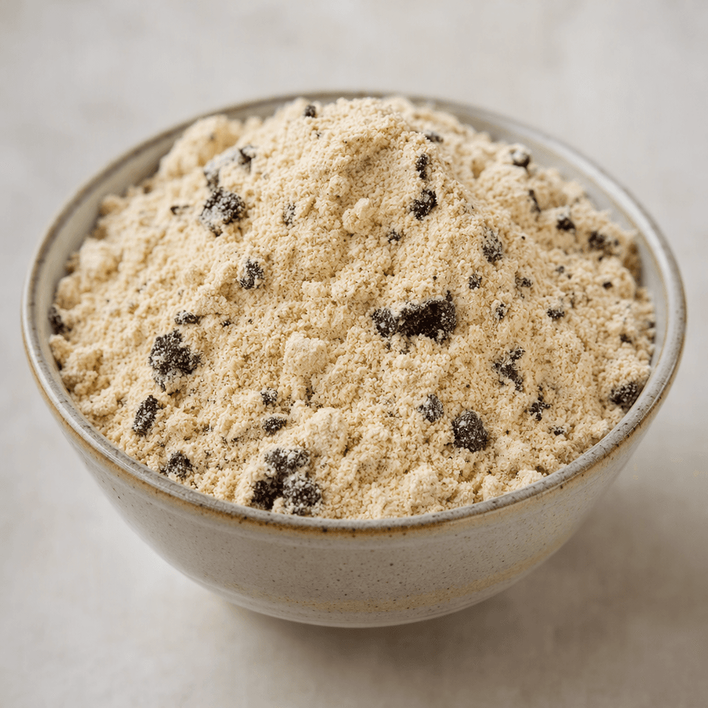 Küçük bir kâsede duran, ince dokulu açık bej renkli protein tozunun içinde daha koyu renkli küçük parçacıklar görülüyor.