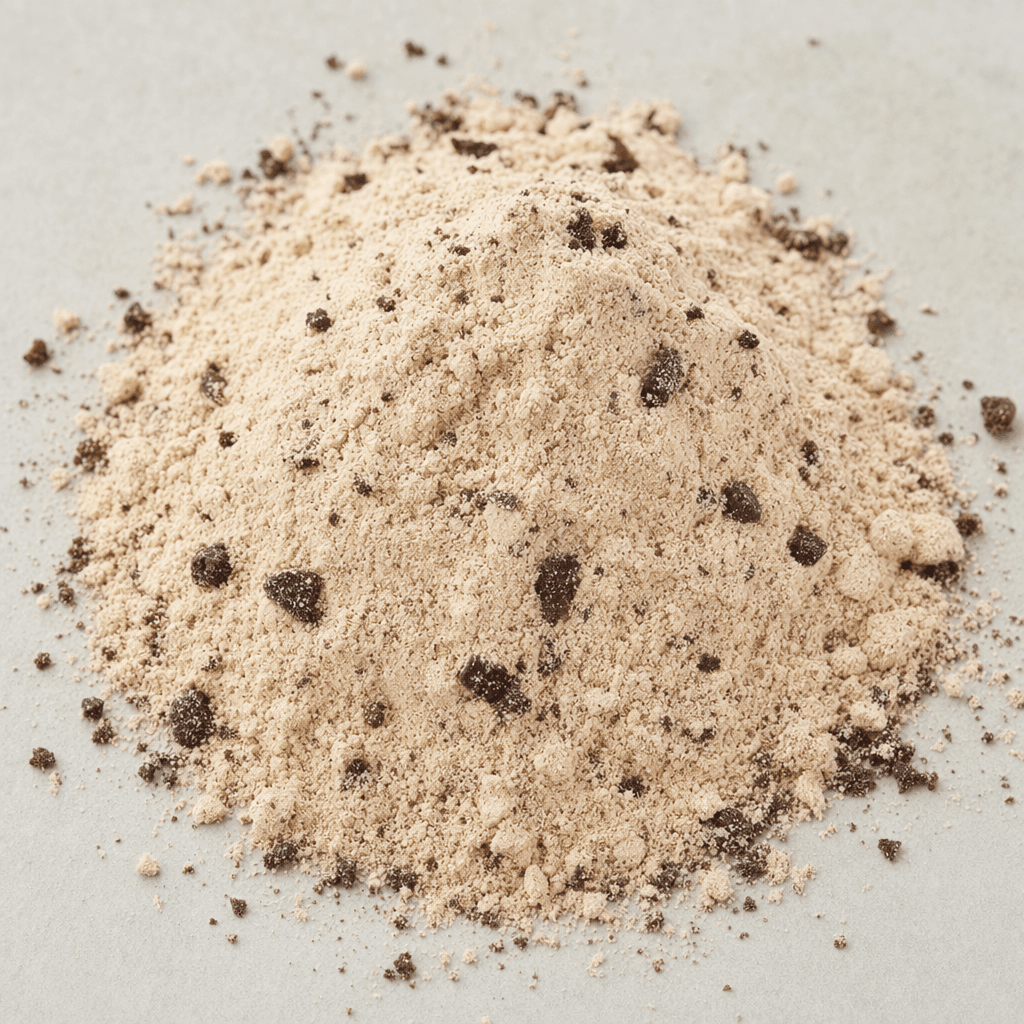 A mound of fine, light beige protein powder with scattered dark brown cookie-like flecks, shown loose on a surface.