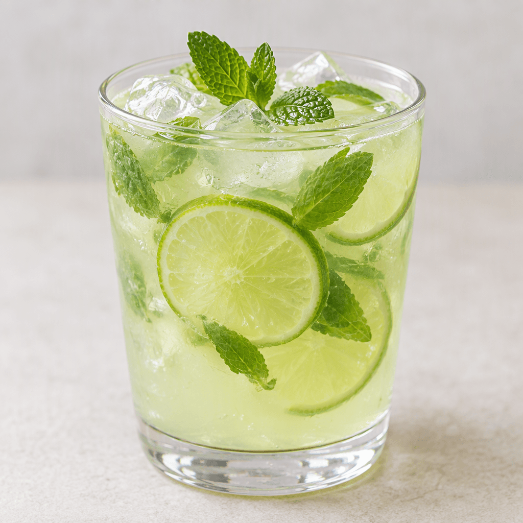 A pale green, translucent lime drink is served in a clear glass over ice, with thin lime slices and fresh mint leaves visible near the surface.