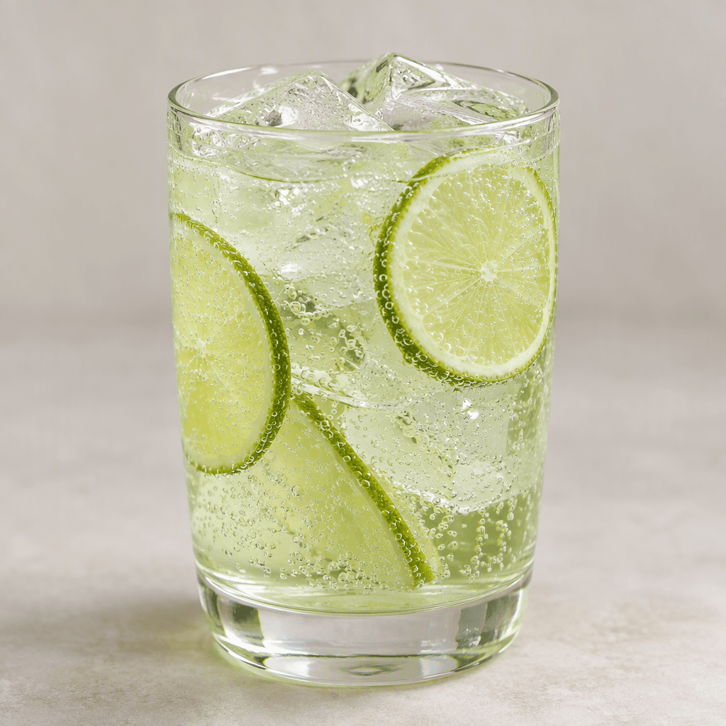 A clear, pale green sparkling drink with fine rising bubbles is served over ice in a glass, with thin lime slices visible inside.