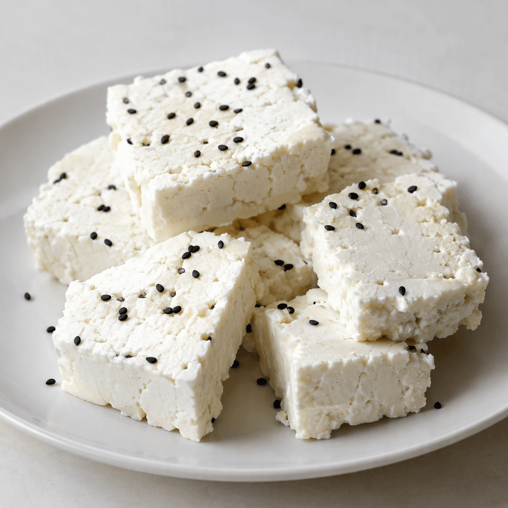 A white, soft-to-firm cheese with a slightly crumbly surface is cut into thick rectangular pieces and scattered with small black seeds, served on a plain plate.