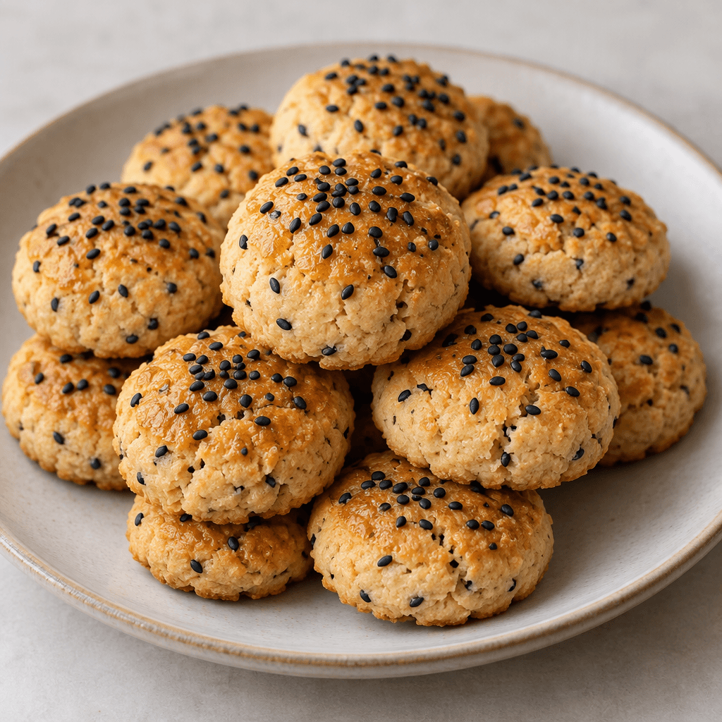 Üzerlerine serpilmiş siyah çörek otu taneleri bulunan, yüzeyi kuru ve ufalanır görünümlü, hafifçe kızarmış küçük yuvarlak tuzlu kurabiyeler bir tabakta duruyor.