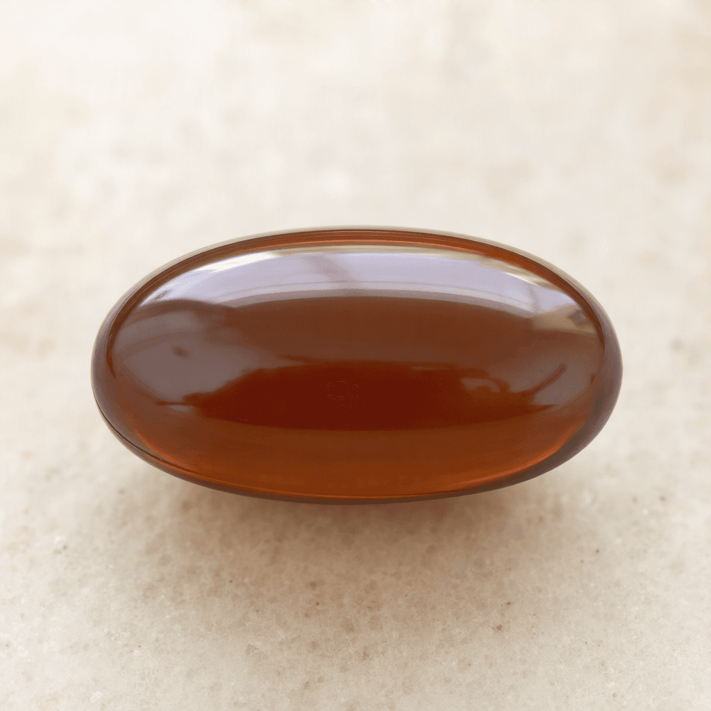 A smooth, glossy, oval softgel capsule, translucent deep amber-brown with dark oil visible inside.