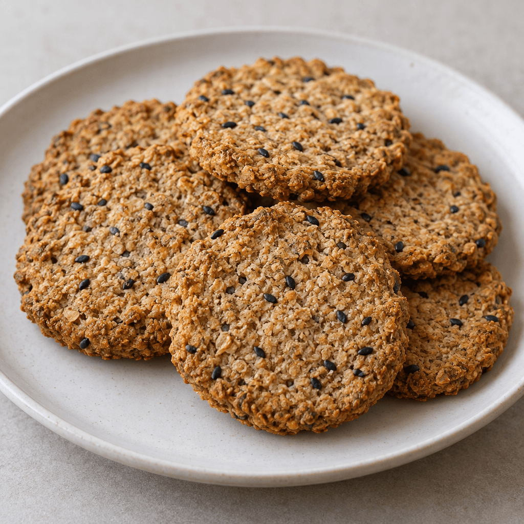 Several small, flat, roughly round bran biscuits with golden-brown edges, a coarse crumb dotted with dark nigella seeds, arranged on a plain plate.