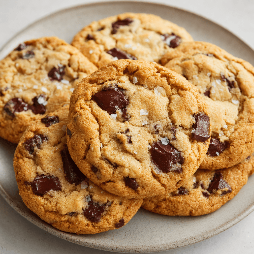 Several thick, round golden-brown cookies with uneven, slightly cracked surfaces, visible dark chocolate chunks and a few coarse salt flakes sit on a plate.