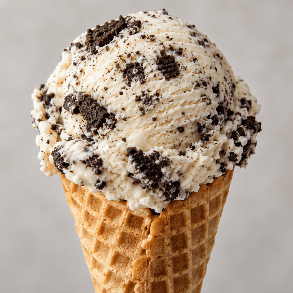 A pale vanilla-colored ice cream cone studded with dark chocolate cookie crumbs sits in a crisp, golden-brown waffle cone.