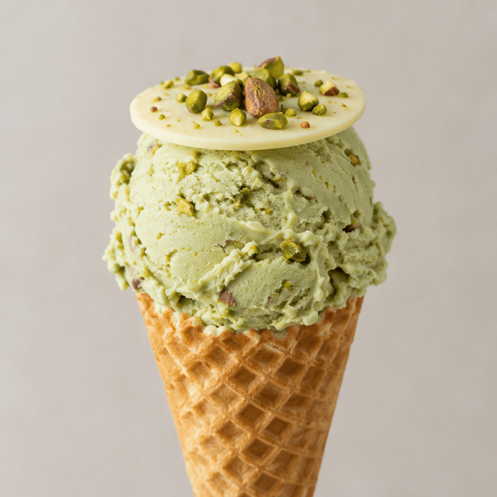 A golden waffle cone holds pale pistachio-green ice cream beneath a flat white chocolate disc, with small green pistachio pieces visible on top.