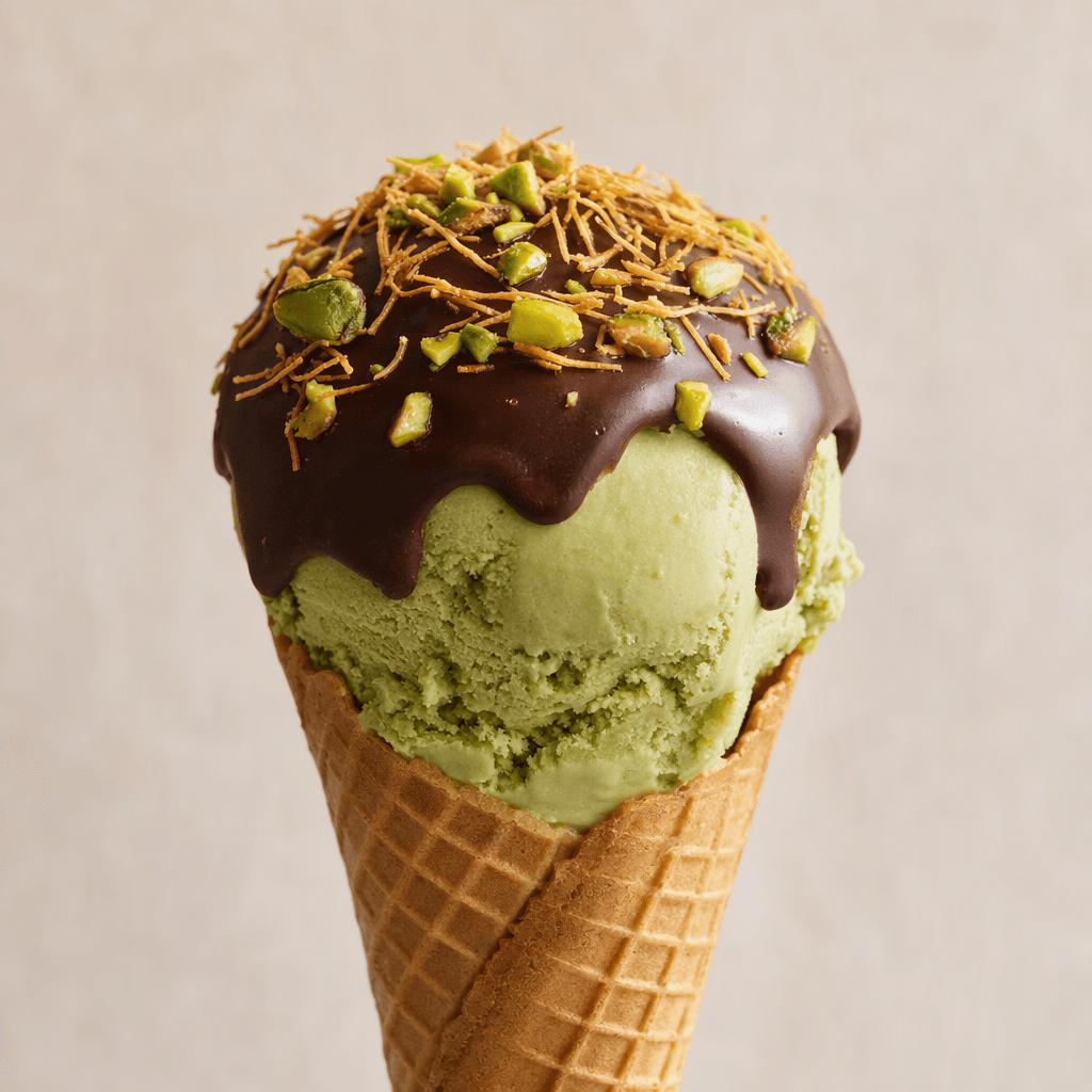 A pointed wafer cone holds pale green pistachio ice cream, with a glossy chocolate cap scattered with chopped pistachios and crisp golden pastry strands.