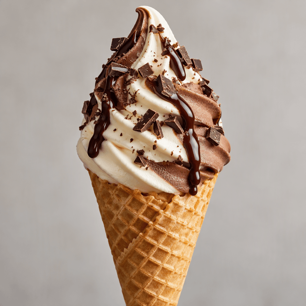 A crisp, pointed golden wafer cone holds a tall swirl of pale vanilla and cocoa-brown ice cream, topped with a light chocolate drizzle and small chocolate pieces.