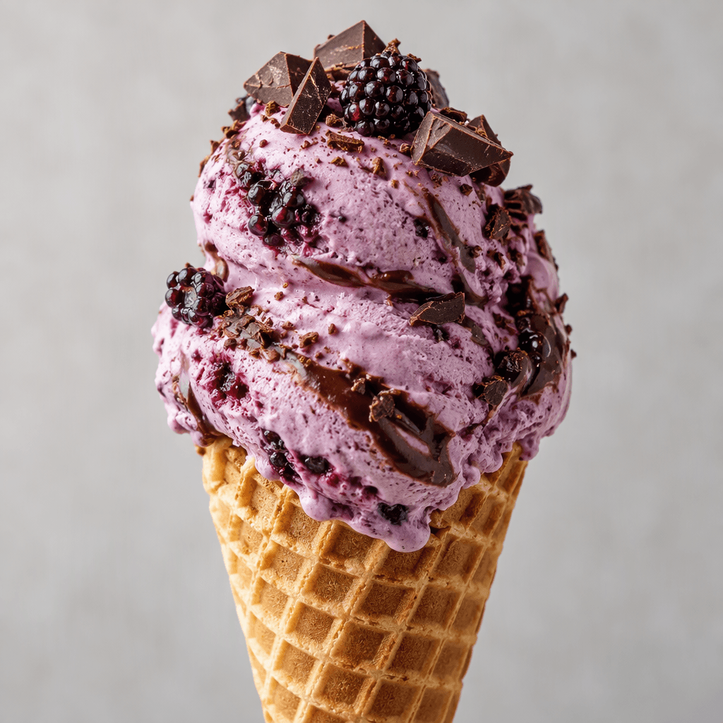 A pointed golden waffle cone holds a swirl of pale blackberry-purple ice cream streaked with dark chocolate, topped with glossy chocolate pieces and small berry flecks.