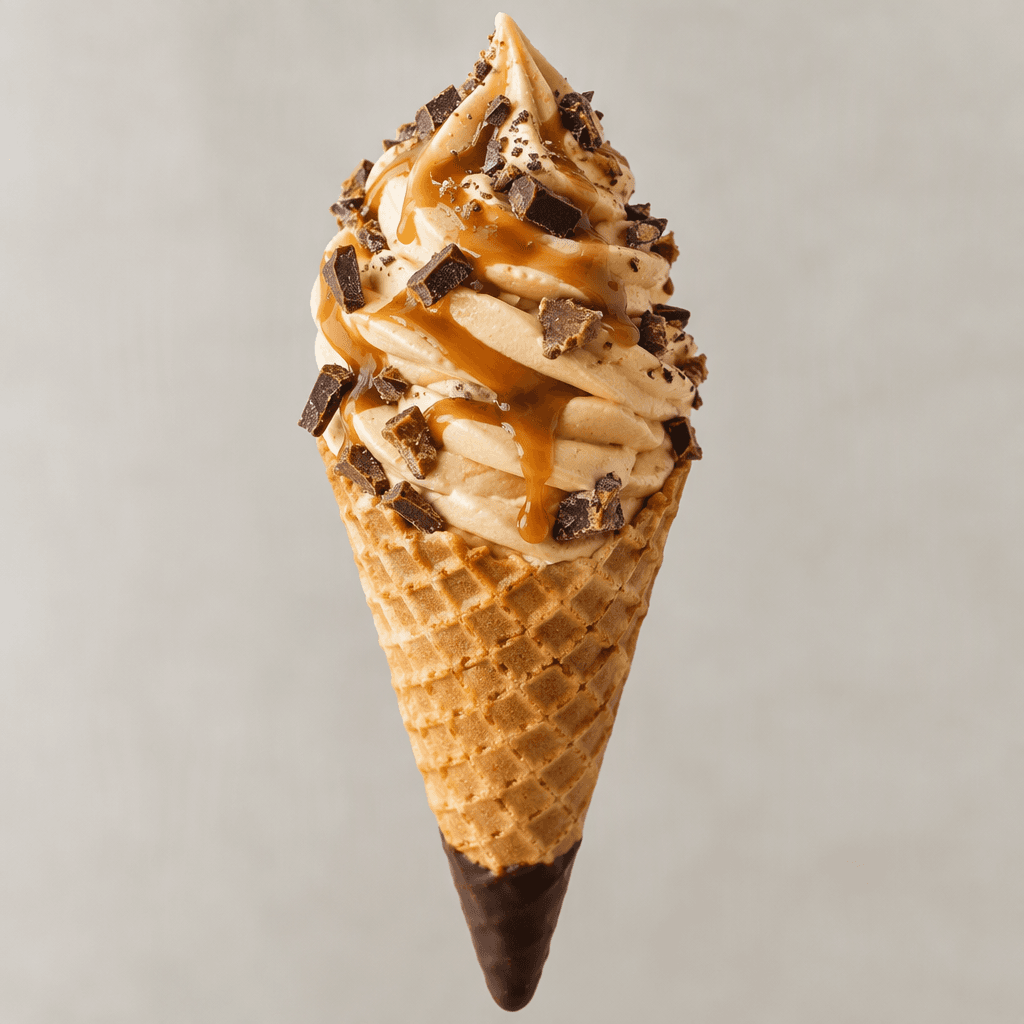 A tall, ridged golden-brown wafer cone is filled with pale caramel-coloured ice cream in a high spiral, topped with glossy caramel sauce and small pieces of chocolate, with a dark chocolate coating visible at the pointed base.