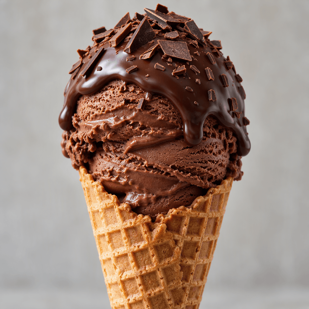 A tall, ridged wafer cone holds a swirl of dark chocolate ice cream, topped with a glossy chocolate coating and scattered chocolate shavings.