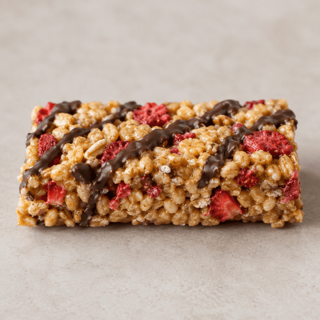 A compact rectangular cereal bar with golden puffed grains bound together, dotted with red strawberry pieces and streaked with dark chocolate.